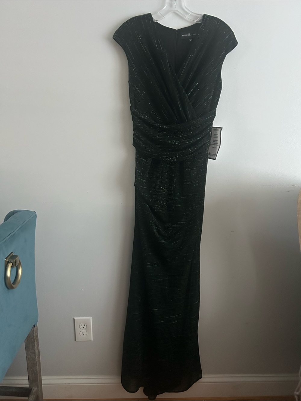 Betsy & Adam Green Metallic Cap sleeve surplice gown dress